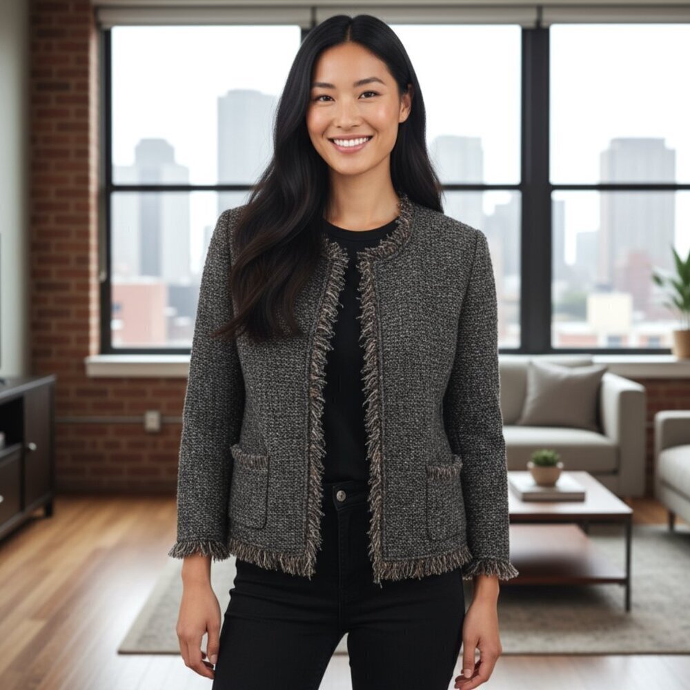 360 Sweater Gray Brown Neutral Boucle Mohair Blend Cardigan Sweater Size Medium